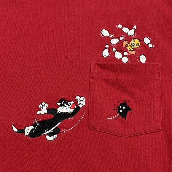 Vintage Looney Tunes Shirt Mens Small Red Sylvester Tweety Bird Bowl Pocket Tee - Picture 2 of 15